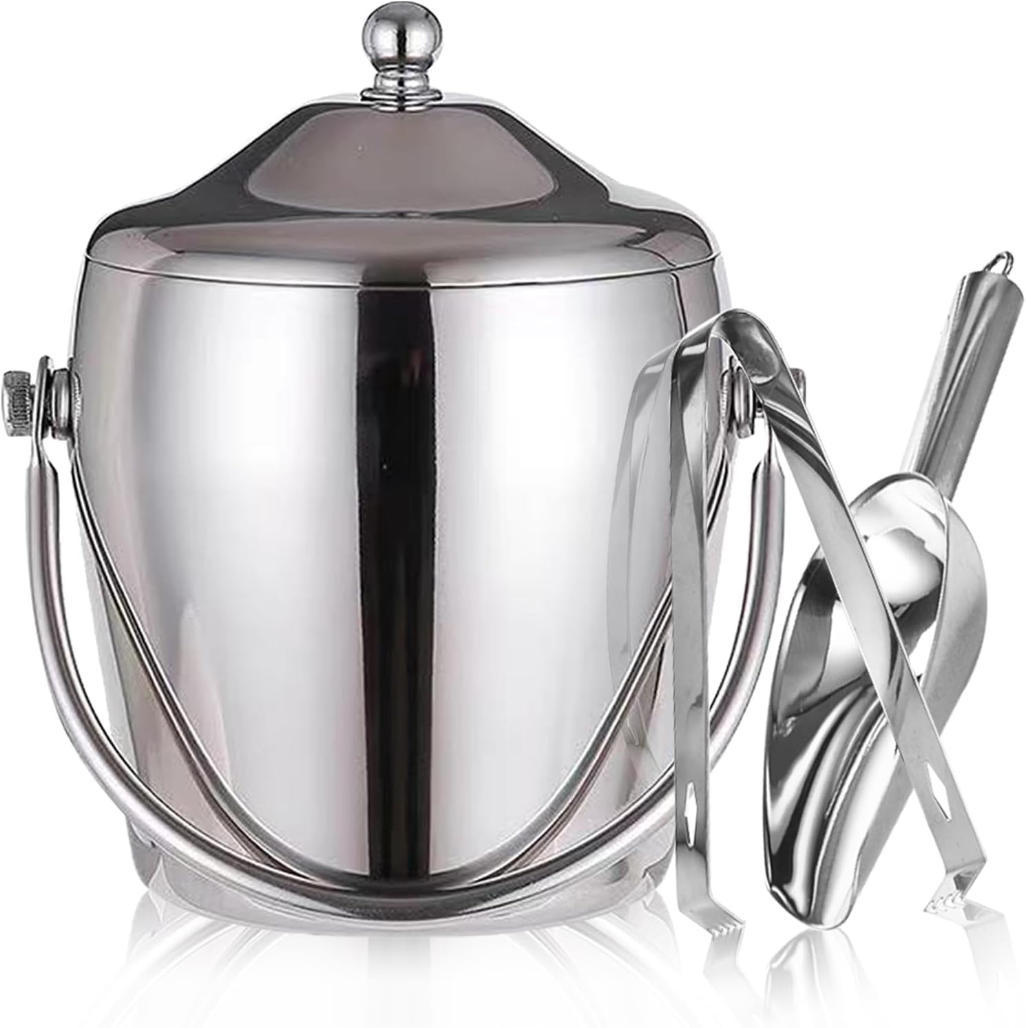 Cubo de hielo para champán con pinzas con tapa de cucharada, cubo de hielo de doble pared para bar de vinos con soporte y asa de transporte, cubo de espejo de acero inoxidable para fiestas, bar y