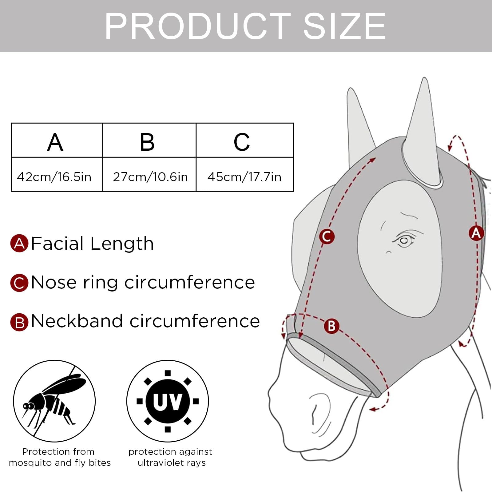 dellyy Maschera Antimosche Cavallo, Maschera Mosche Cavallo, Elastico Maschera Cavallo Antimosche, Maschera Mosche Cavallo Protezione UV, Cuffietta Cavallo (Grigio)