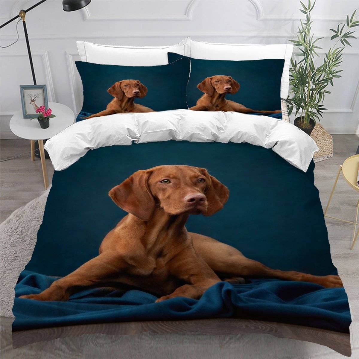 VASENA Duvet Cover King Size 3d Printed Adults Teenager Microfiber Fluffy Kingsize Bedding Hungarian Vizsla Dog Animal Blue Comforter Cover King Size Bedding with Pillowcases（230x220）