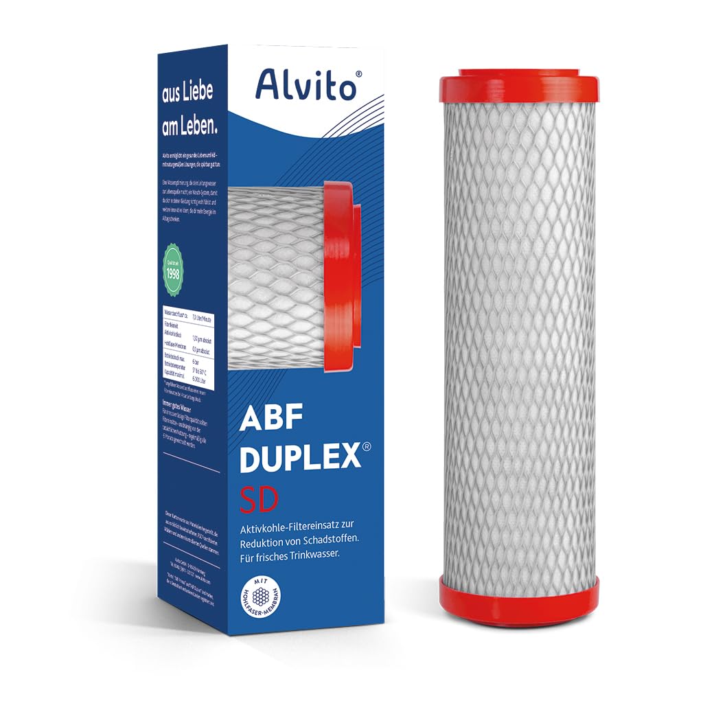 Alvito ABF Duplex SD Aktivkohlefilter mit hohem Durchfluss bis 7 l/min | Aktivkohle-Blockfilter 1,5 µm + Kapillarmembran 0,15 µm bis 6000 Liter Kapazität - größte Sicherheit