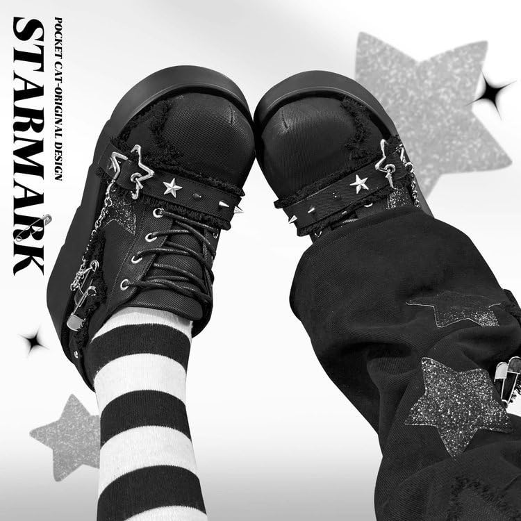 Cute Goth Star Shoes for Women with 2 Charms Chunky Platform Lace-up Thick Soles Round Toe Shoes Kawaii Punk Y2K Aesthetic Lolita Trendy Gifts for Girls with Accessories Including Chains and Stars2