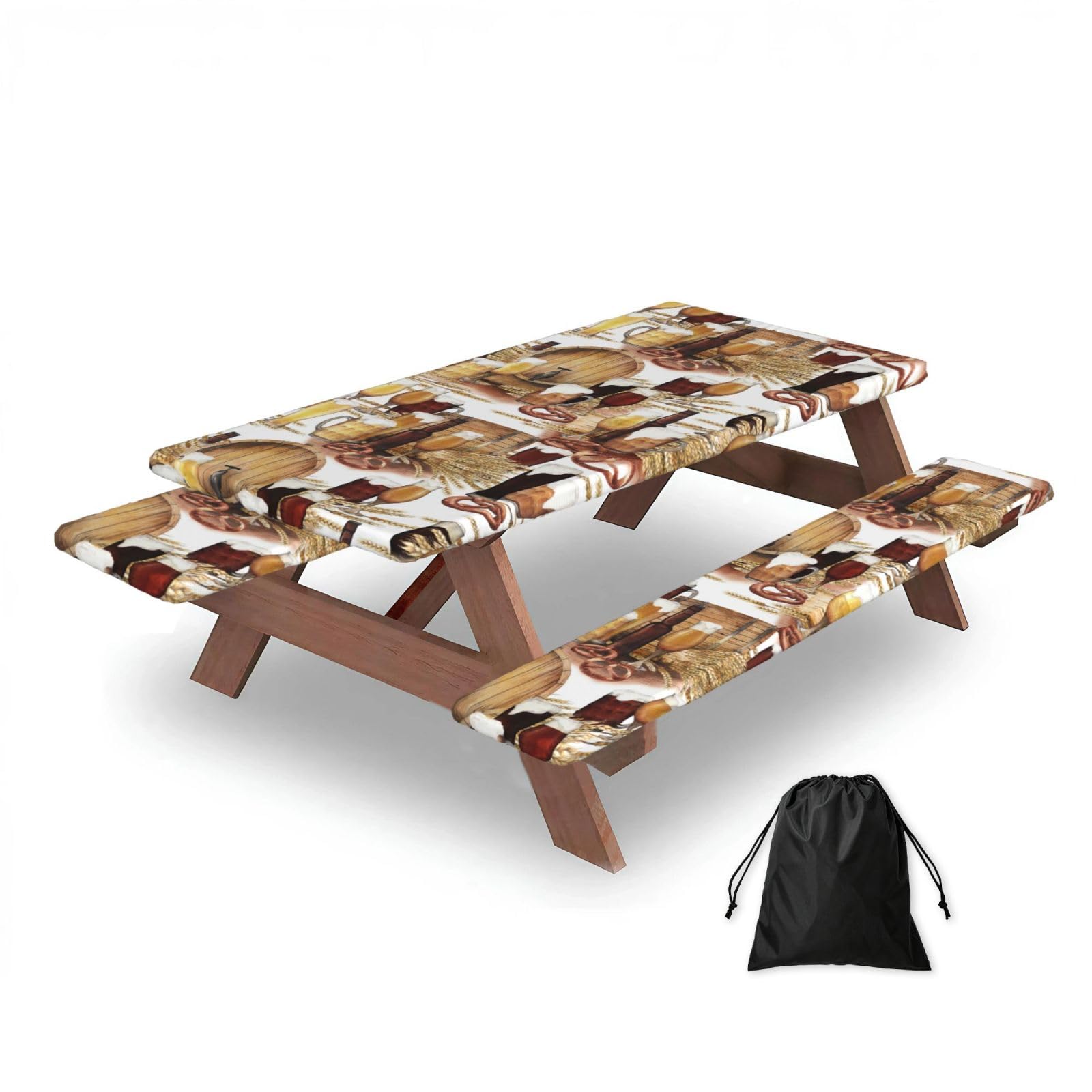 Dopklna As Picture Beer And Wine Barrel, Picnic Table Cover With Bench Covers -Waterproof Elastic Fitted Tablecloth For Garden Camping Patio 76X152cm