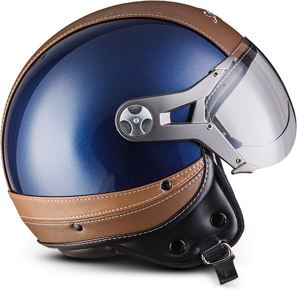Soxon® SP-325 Urban „Blue“ · Jet-Helm · Motorrad-Helm Roller-Helm Scooter-Helm Moped Mofa-Helm Chopper Retro Vespa Vintage Pilot · ECE 22.05 Visier Leather-Design Schnellverschluss Tasche XS (53-54cm)