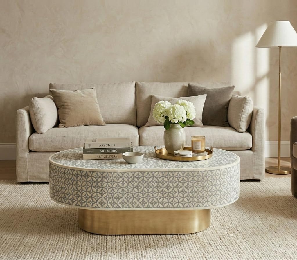 Handcrafted Oval Bone Inlay Coffee Table 42x27x17 Inch | Geometric Design | Solid Wood Frame | Golden Metal Stand | Luxury Center Table for Living Room (Grey and White)-image-43