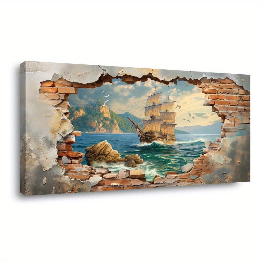 SPXLUCAU Modern Wall Art Ship View Abstract Canvas Painting Home Decor(55x110cm/No frame)