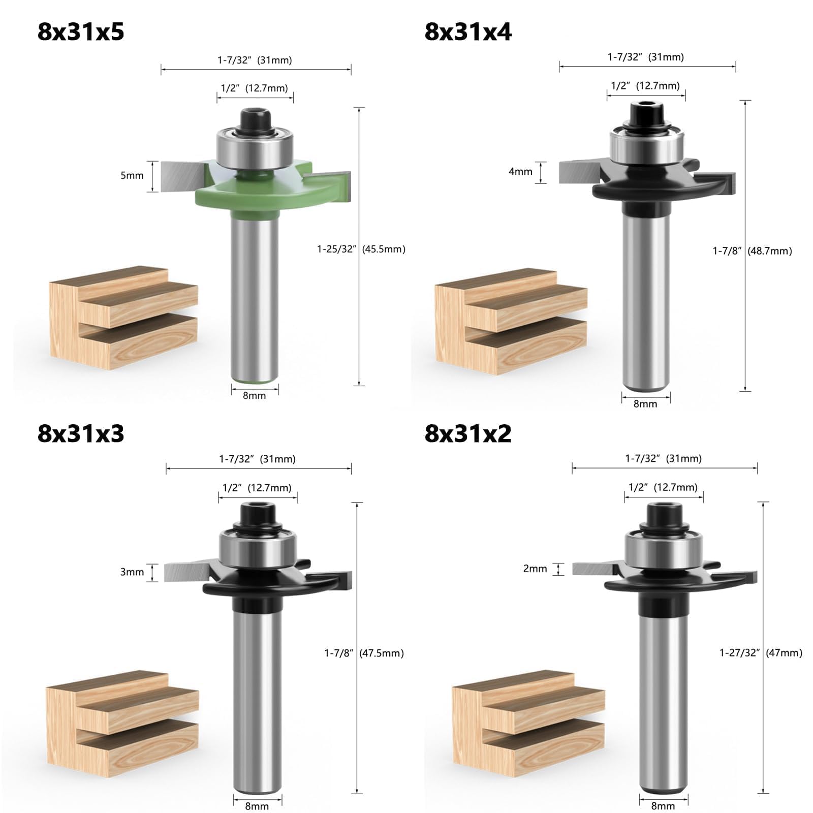 Alriedy Lot de 4 fraises à rainurer pour défonceuse - Tige de 8 mm avec largeur de rainure de 2/3/4/5 mm - Fraises en carbure de tungstène de qualité supérieure avec guidage à billes - Idéal pour les