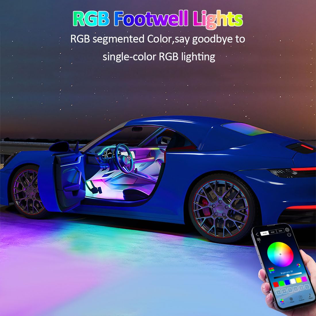 Striscia LED interna per auto con controllo tramite app,Kit di illuminazione ambientale al neon RGB 6 in 1,Striscia LED sotto il cruscotto e nel vano piedi con sincronizzazione musicale