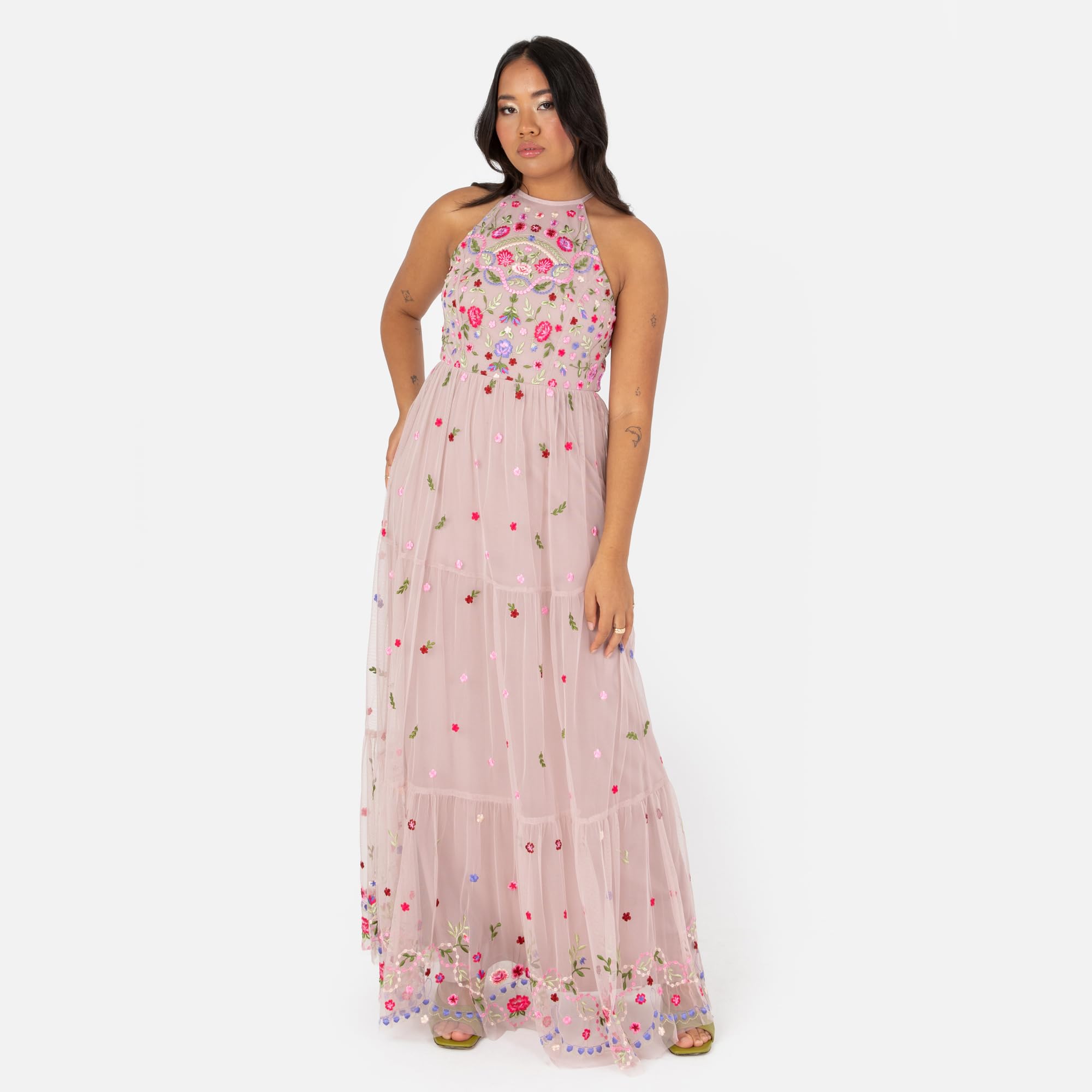 Maya Deluxe Abito Maxi da Donna, Senza Maniche, con Scollo A V, Motivo Floreale, Linea A, per Matrimoni, Feste, Gown NAN