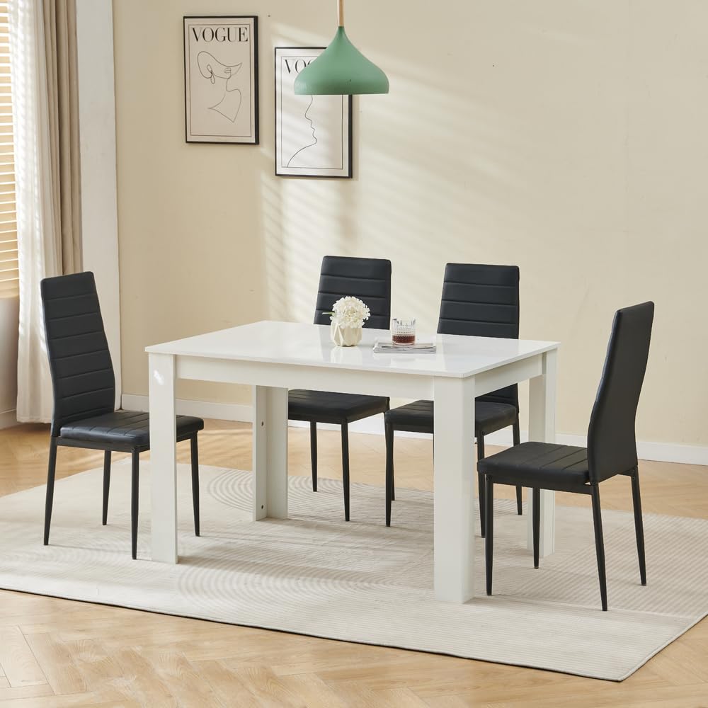 Menaka Modern Wooden Dining Room Table and Chairs Set of 4 for Small Space, 5 Pieces Rectangular Kitchen Table with 4 Chairs (120cm white high glossing table with 4 black leather chairs)