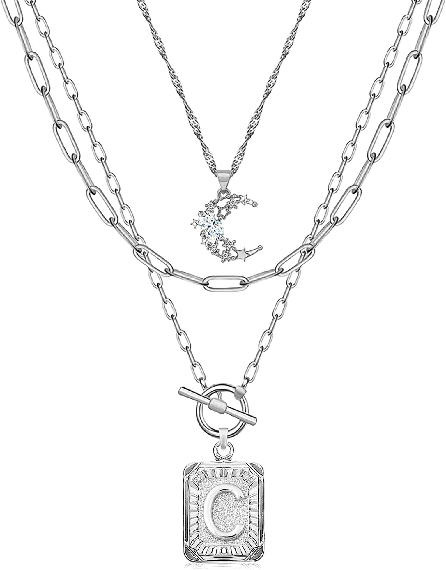 Layered Initial Necklaces for Women Trendy, 14K Gold Plated Brass Simple Moon Choker Square Letter Pendant Necklace, Paperclip Chain Necklaces Jewelry Gifts