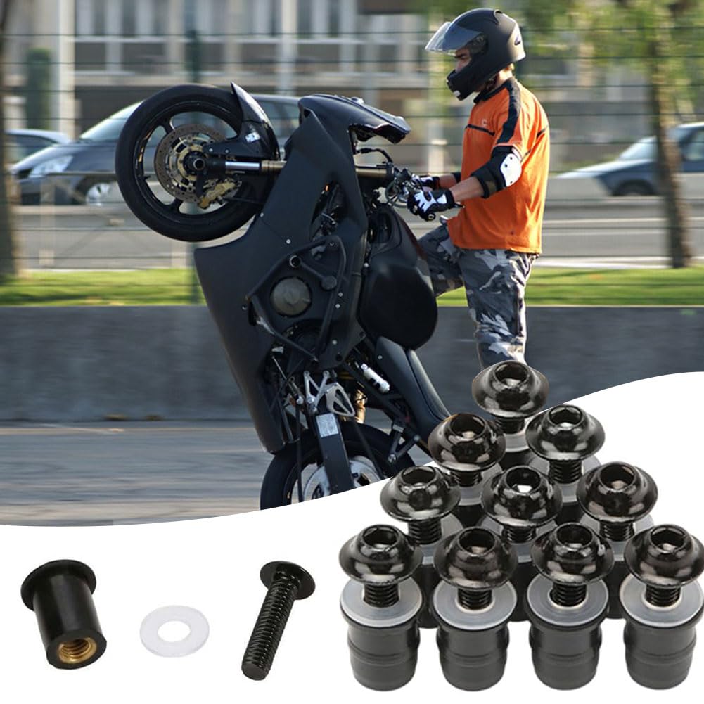 Motorfiets windschermbouten, schroeven, schroevenset, motorfiets windschermbevestigingschroeven, zwarte rubberen moeren, 5 mm set, geschikt voor motorfietsen, 10 stuks [M5 x 5 mm
