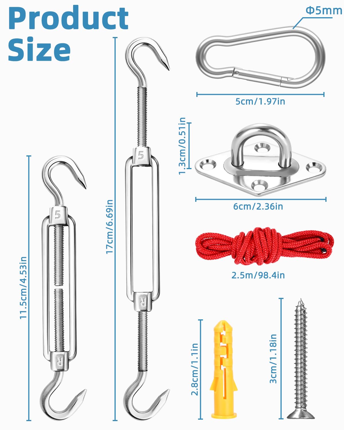 Kit Fixation Voile D’Ombrage Inox 304 M5 – 4 Tendeurs + Mousquetons + Cordes, Pour Triangle, Carré, Rectangle
