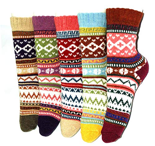 JUNAN 5Pairs Ladies thermal Winter socks, Womens Thick Knitting Warm & comfy Wool Crew Vintage Style Sock (G-multicor)