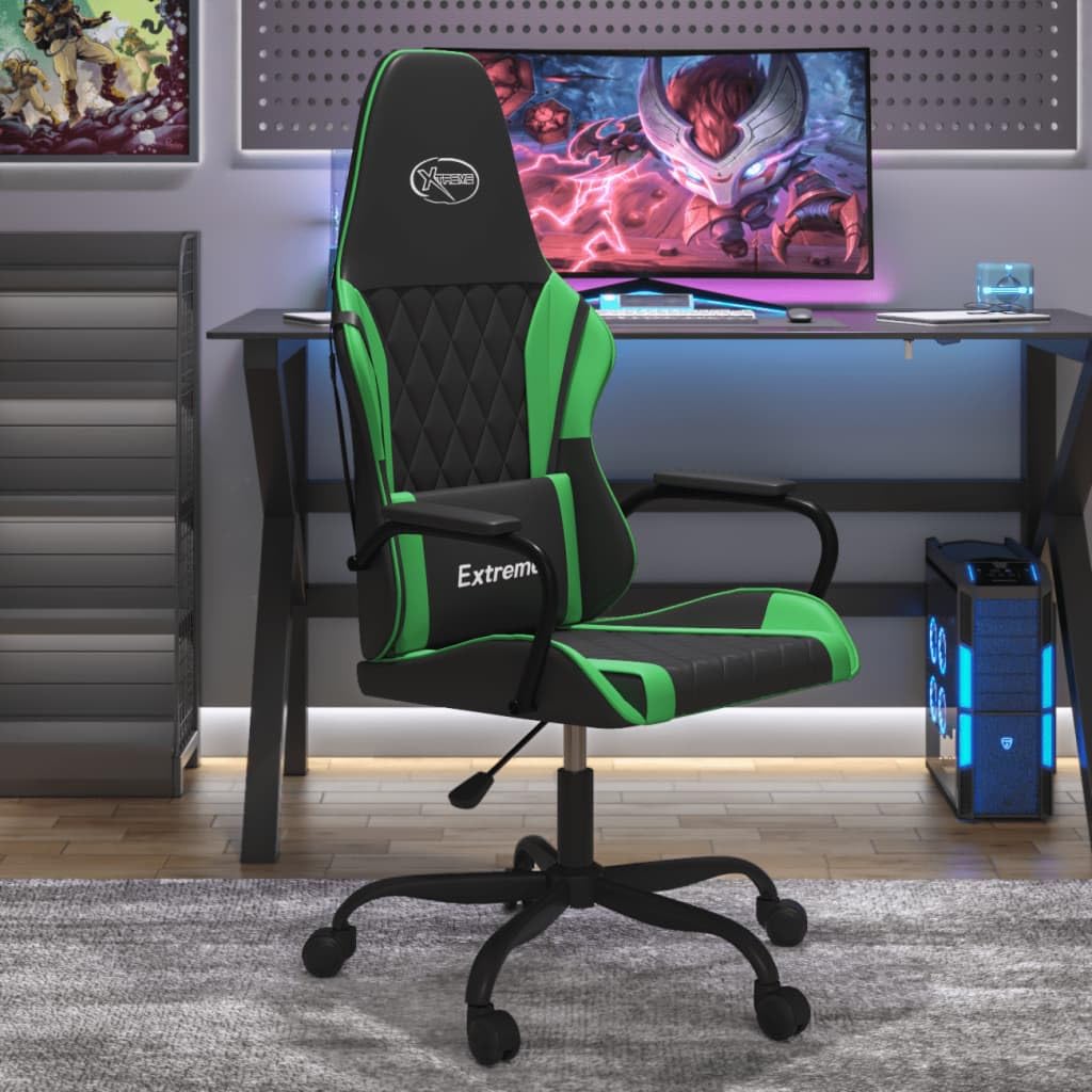 Gamingstuhl mit Massagefunktion Schwarz und Grün aus Kunstleder, ergonomischer Drehstuhl mit Lendenstütze, höhenverstellbar, Rollen, 110 kg Tragkraft für Büro und Gaming
