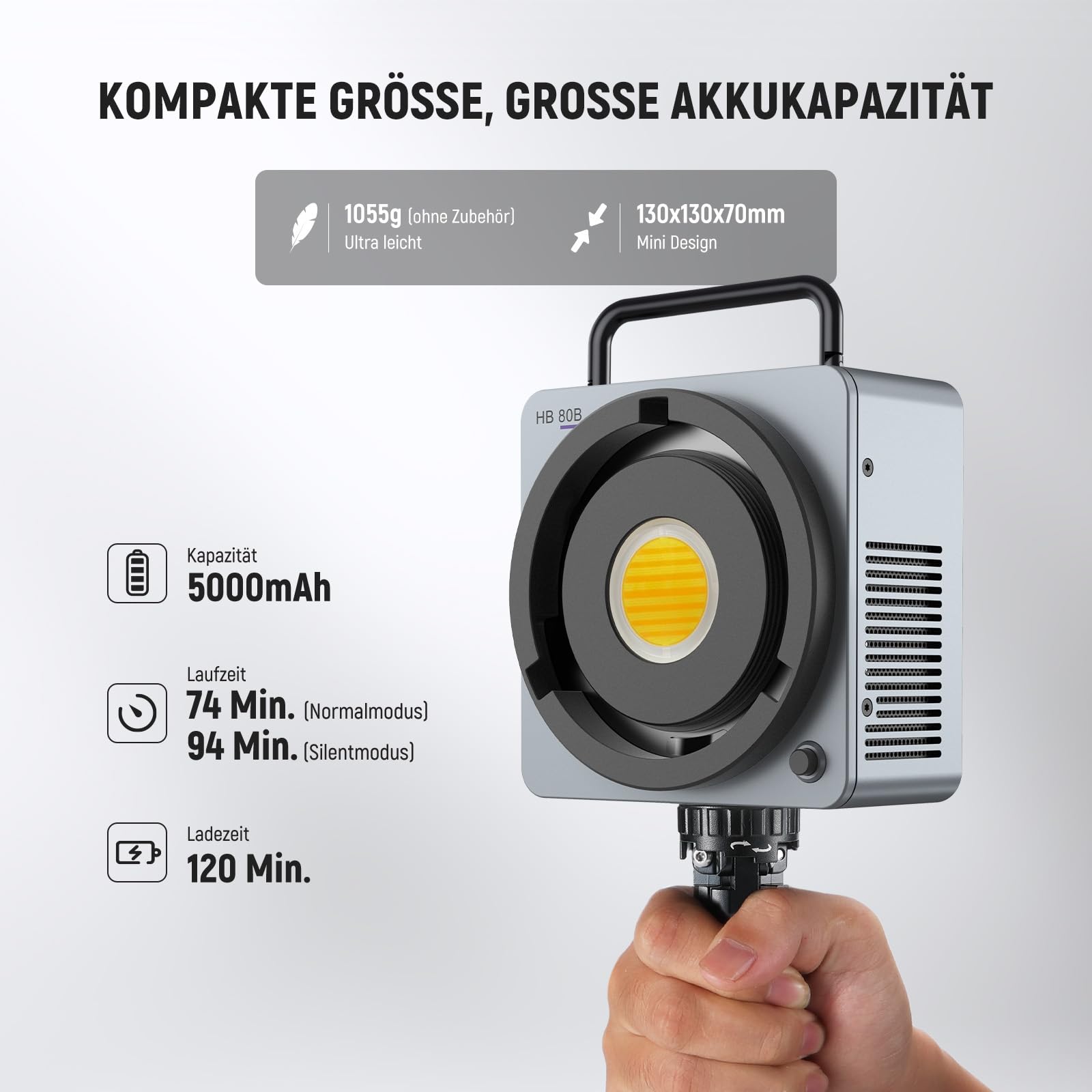 NEEWER 80W LED Videolicht mit 72Wh Akku und 100W PD Adapter APP/2.4G Steuerung Tragbares zweifarbiges Mini COB Studio Dauerlicht 25500lx/1m 2700-6500K 0-100% Dimmen CRI95+ 13 Szenen, HB80B