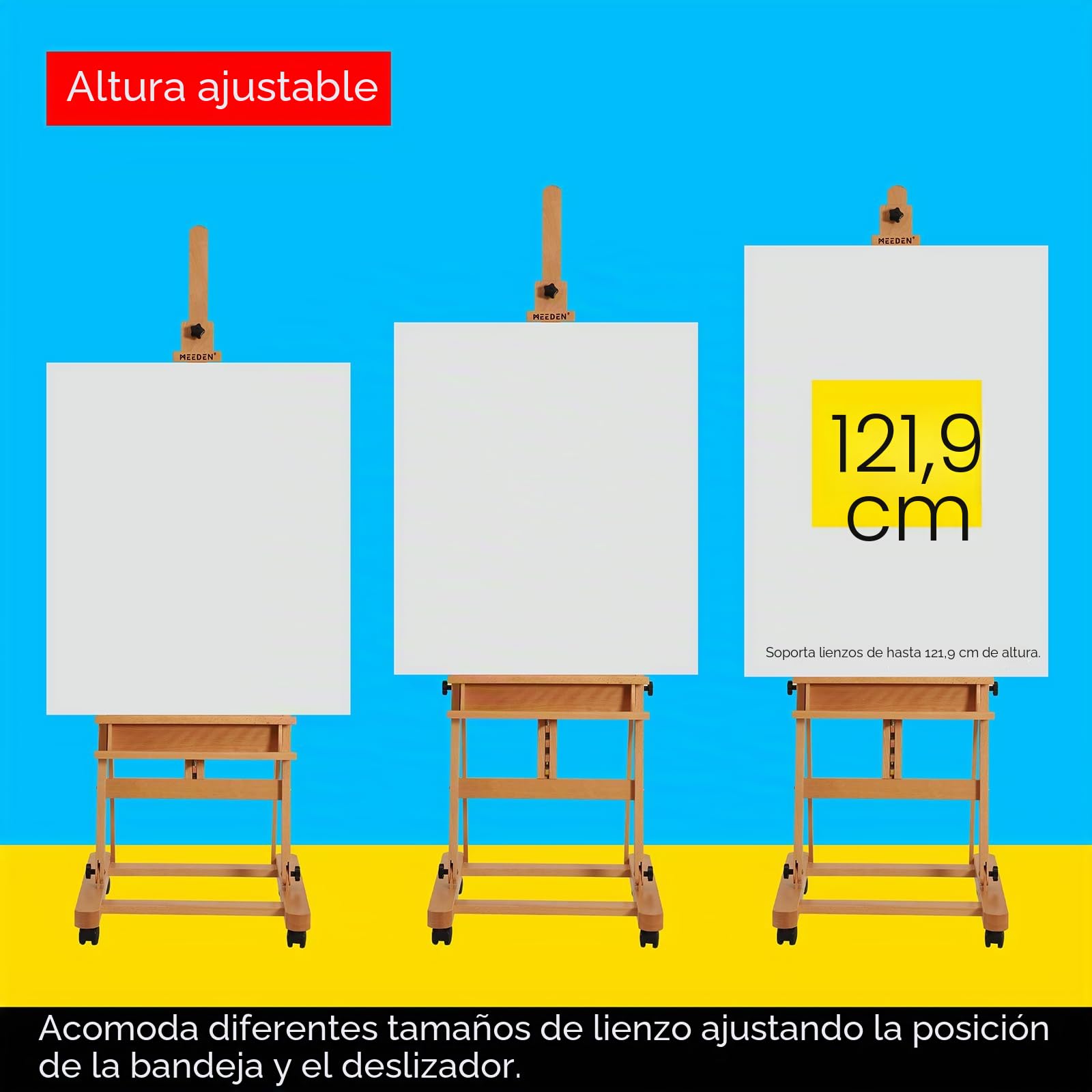 MEEDEN Caballete grande de estudio con marco en H – Caballete de madera de haya ajustable inclinable movible, soporte de caballete de pintura de suelo, sostiene lienzos de hasta 48 pulgadas