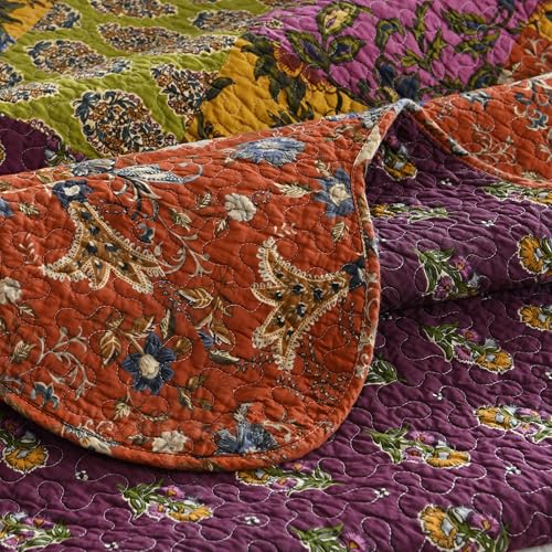 Qucover Patchwork Quilt Double, Mixed Colors Orange Yellow Blue - Quilted Bedspreads Double Size, Real Patchwork American Style Bed Spread, Handmade 100% Cotton Bedspread with 2 Matching Pillowcases - Image 3