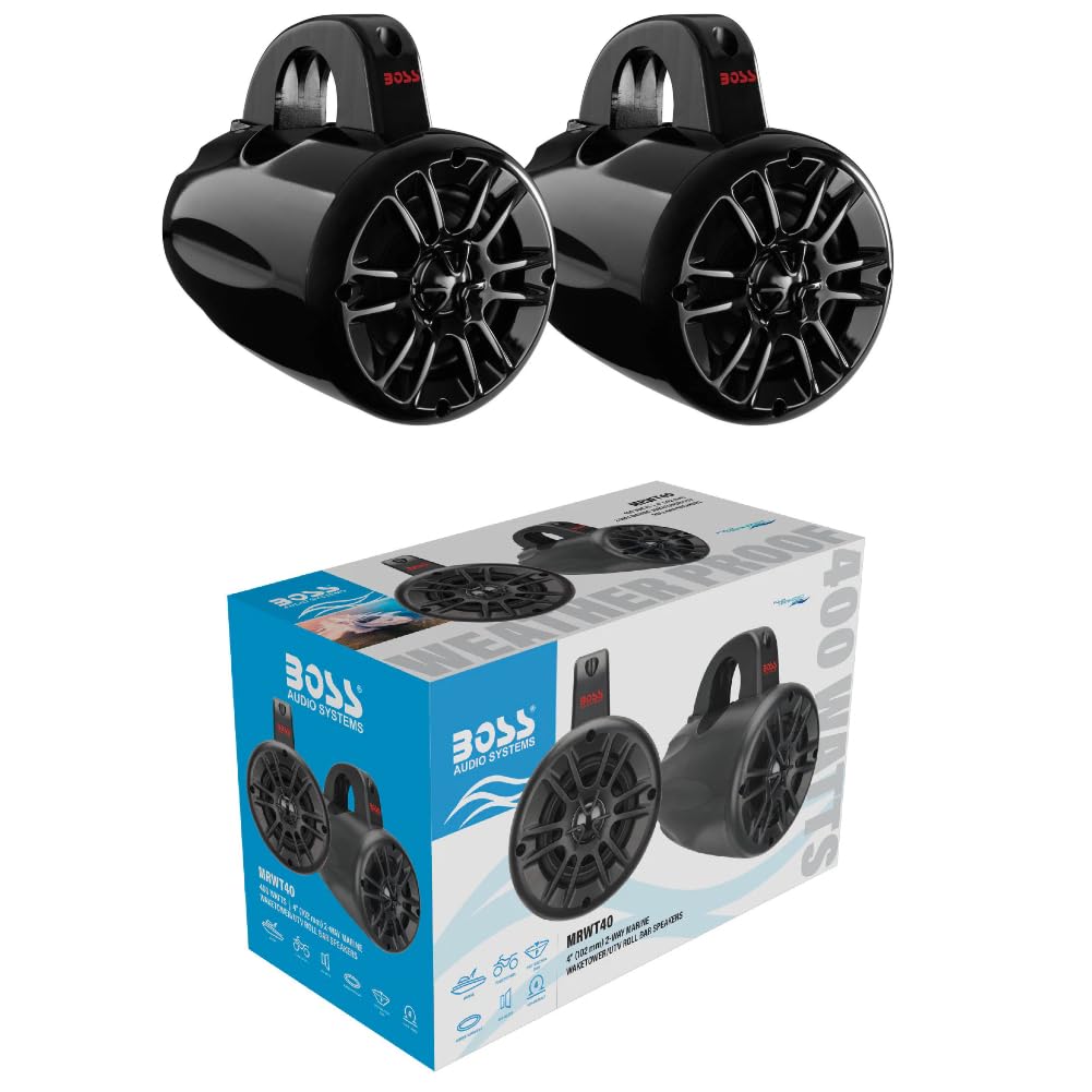 KIT Set pour Boss Audio Systems MRWT40 2 Haut-parleurs waketower Marins 2 Voies Noirs, utv Roll Bar, 10 cm 100 mm 4", 200 Watts rms 400 Watts Max, 4 ohms, étanches, pour Bateaux, par Paire