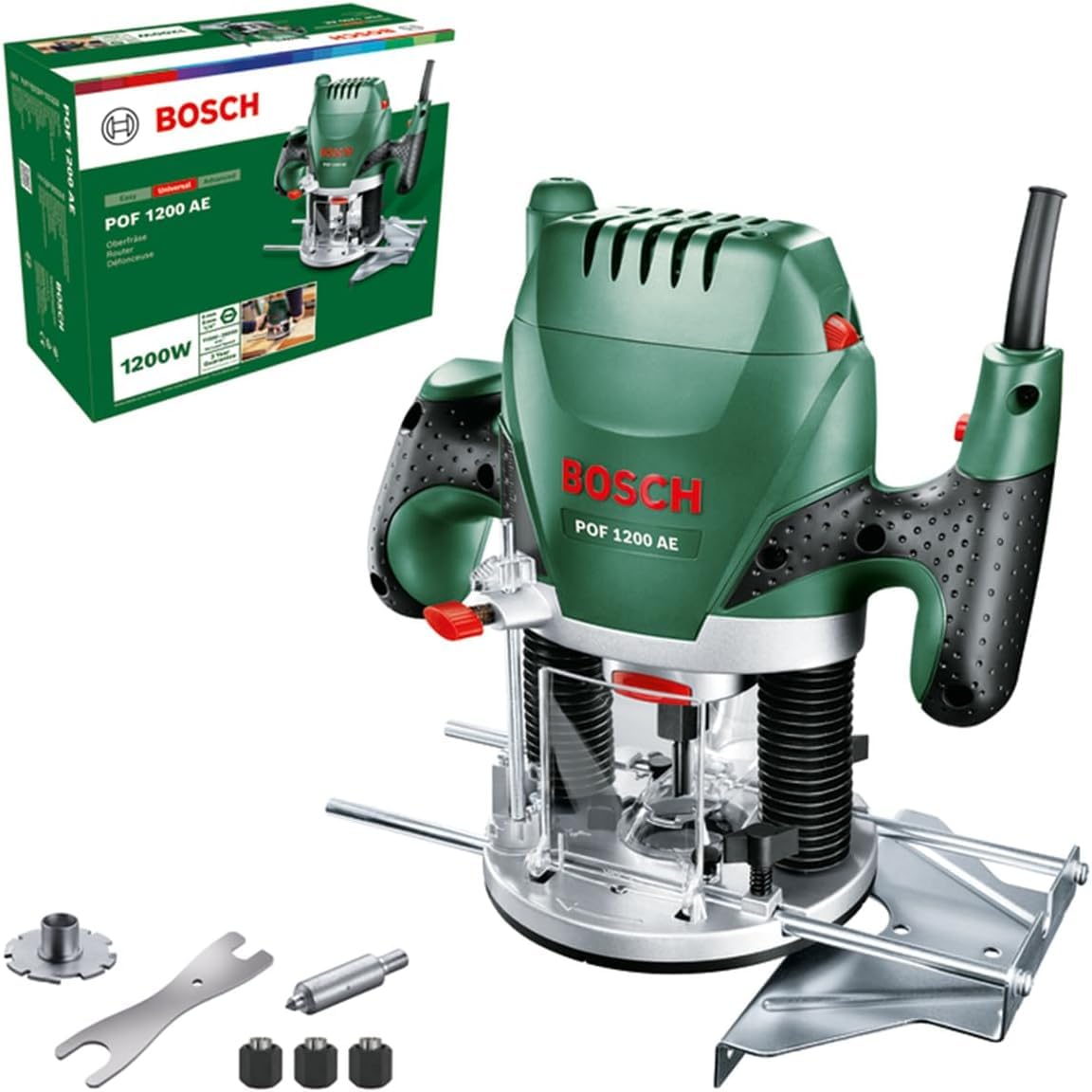 Bosch POF 1200 AE - Fresadora de superficie, fresa de ranurar, adaptador de aspirar, llave de boca,casquillo copiador, tope paralelo + Bosch 2607019463 - Set con 6 fresas con inserción de 8 mm