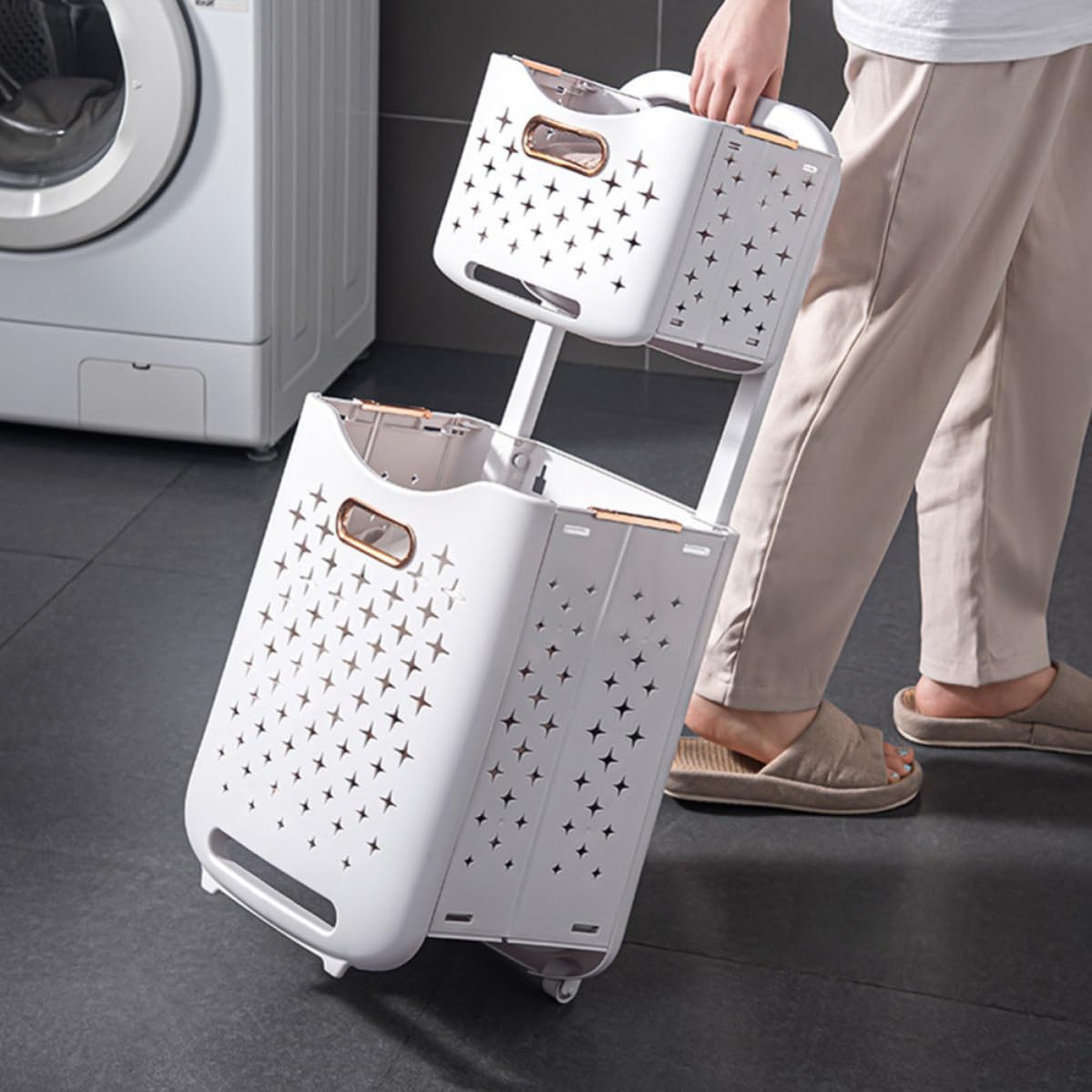 Toddmomy Cesto Portabiancheria Pieghevole Grande Capacità e Portata Bianco Doppio Strato con Ruote in Plastica e Organizzazione Vestiti per Uso Familiare