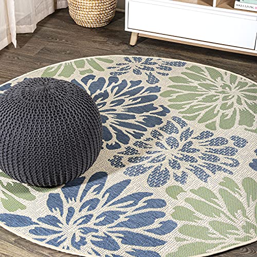 JONATHAN Y Floral Textured Weave Indoor Outdoor Round Area Rug 6 Ft Navy/Green, Zinnia Modern for Backyard, Patio, Porch, Easy-Cleaning, High Traffic, Pet-Friendly, Non-Shedding (SMB110B-6R)