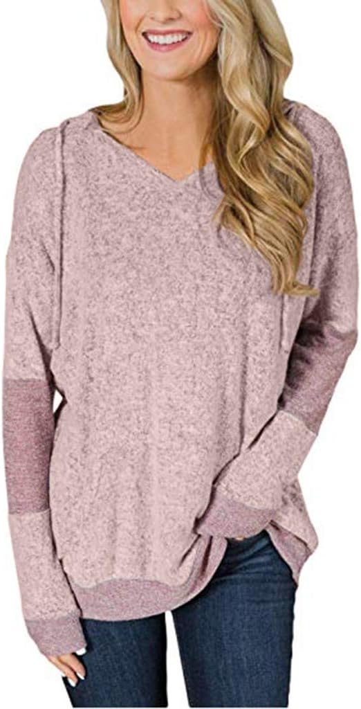 Women's Hoodies Sale Women Color Block Long Sleeve V Neck Drawstring Pullover Hoodie Sweater Tops