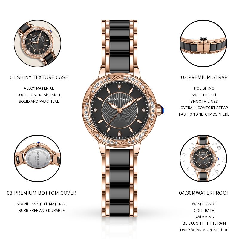Image of Giordano Flower Case Watch for Women with Crystal-Studded Bezel, Diamond Hour Markers & Dual Tone Stainless Steel Strap