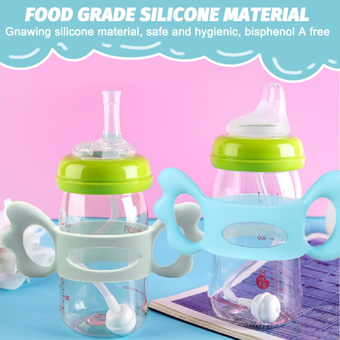 ZKGYUS 2 pcs Impugnatura Per Biberon, Manico Per Biberon Silicone, Maniglia per Biberon in Silicone, Manici per Biberon a Collo Largo, Manici per Biberon in Silicone per Bambini con Design a Presa
