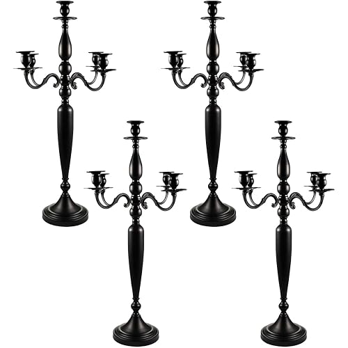 4Pcs 5 Arms Black Candelabra Candle Holder for Halloween Table Centerpiece | 28.54 inch Tall Candlestick Holders,Wedding Party Fireplace Decorations,Holiday Gift,0.75inch Taper Candles Diameter