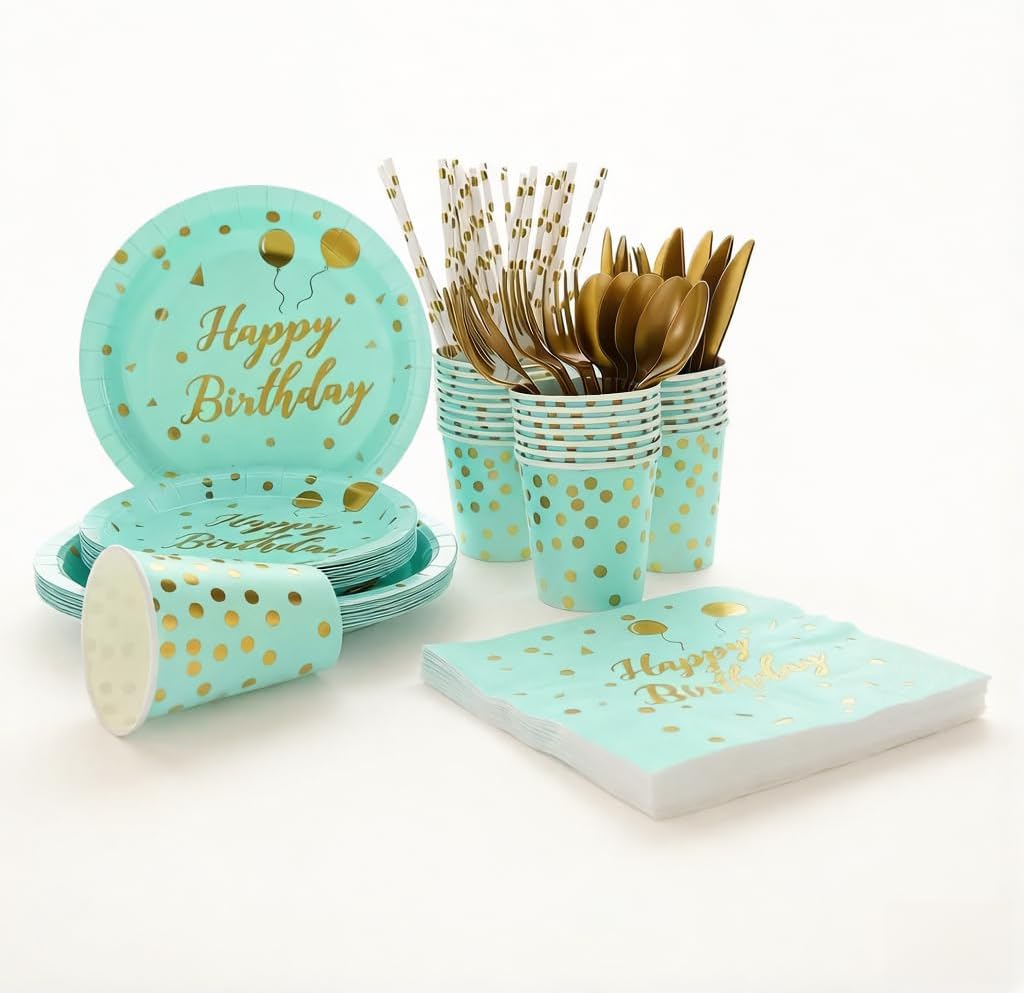 160 Pcs Happy Birthday Party Supplies, Birthday Theme Disposable Tableware Sets - Includes Paper Plates, Cups, Straws, Napkins, and Plastic Forks, Knives Spoons, Serves 20 (Green)