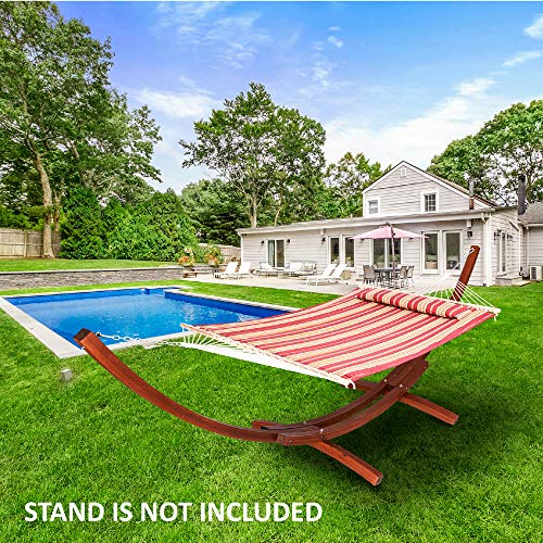 Suncreat Double Hammock Quilted Fabric Swing With Spreader Bar, Detachable Pillow, 55” X79” Large Hammock, Red Stripes #TOP1