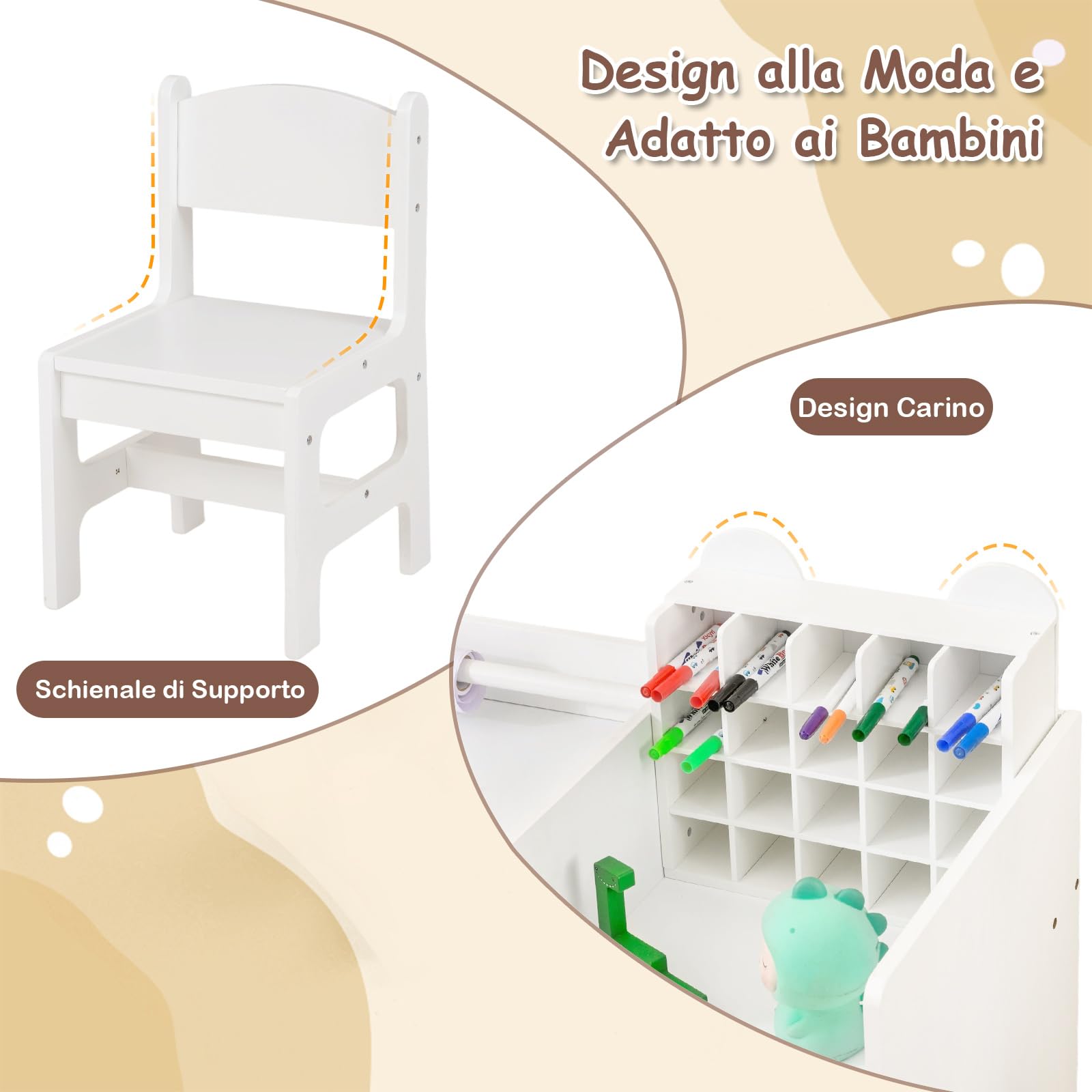 RELAX4LIFE Scrivania per Bambini, Set Tavolo e Sedia con Spazi per Riporre e Rotolo di Carta da Disegno Rimovibile, per Lettura e Disegno, Tavolo d'Arte per Soggiorno, Camera dei Bambini, Max 75KG