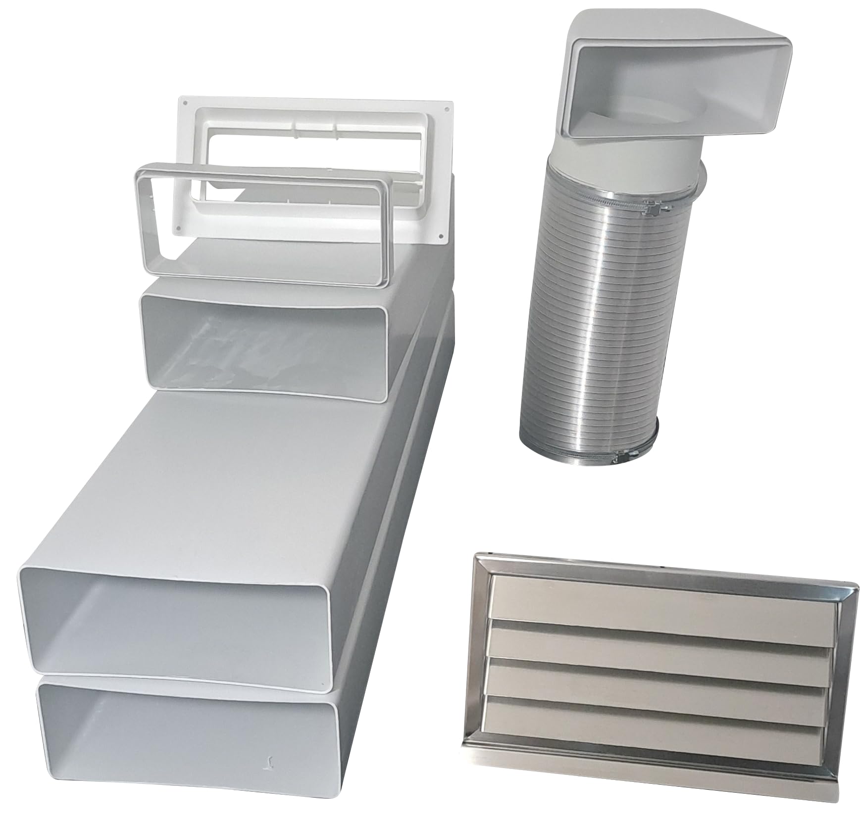 Flachkanal Set 220x90 mit Edelstahl Wetterschutzgitter S6-K-WSGEi220x90, runter zur Haube mit Aluflex (mit Insektenschutzgitter aus Edelstahl)