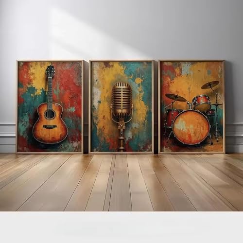 KEMEIQI 3Pcs Retro Vintage Music Wall Art, Guitar Mic Drum Grunge Canvas Prints, Musical Instrument Posters for Bar Home Decor(50x70cmx3/Frameless)