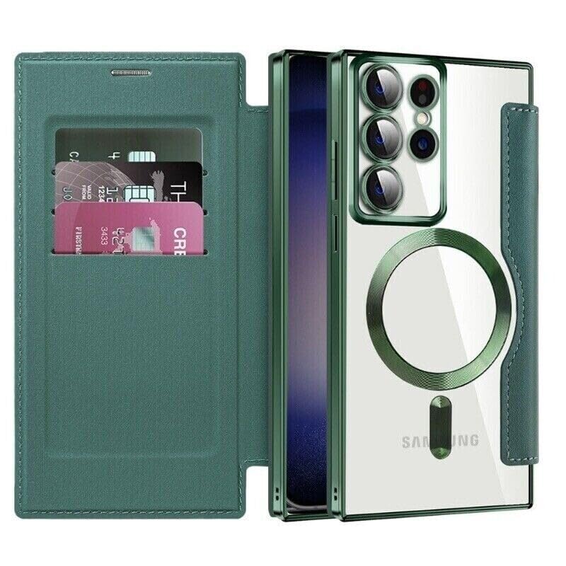 Étui Galaxy S24 de luxe en cuir vert foncé avec fermeture à rabat magnétique