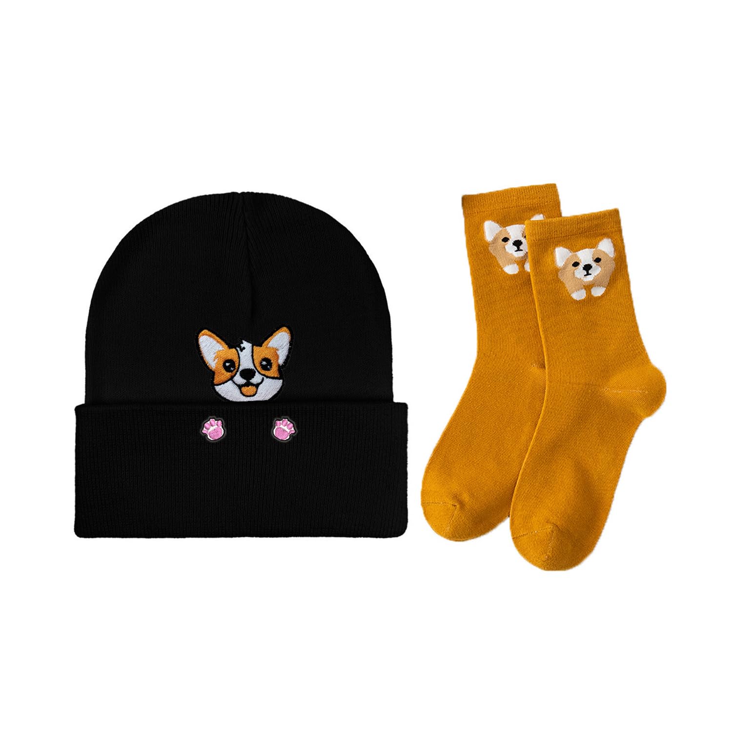 Ubsiuh Unisex Black 1 Hat And 1 Pair Of Socks, Cute Cartoon Corgi Pattern, Daily Wear With Accessories, Fashionable And Warm Autumn And Winter Suits.