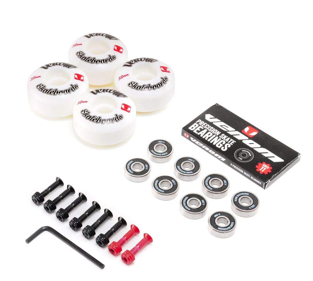 Venom Skateboards Logo White Skateboard Wheels - 52mm & Venom ABEC 11 Bearings Pack + Bolts!