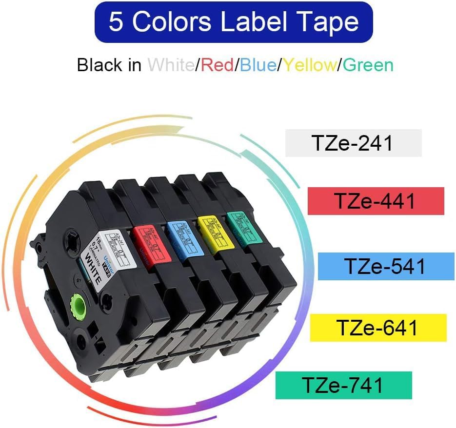 Unistar Compatible for Brother Ptouch Label Maker 18mm 0.7 Inch Tape Refills, TZe Tz Laminated Tape(Black on White/Red/Blue/Yellow/Green) for Brother Ptouch Label Maker D400 D600, 3/4 inch, 5 Pack