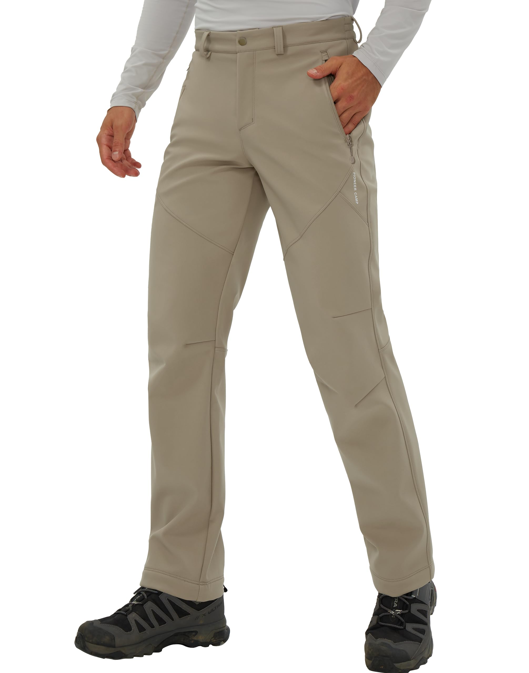 Pioneer Camp Pantalones de Senderismo con Forro Polar para Hombre, aislados, Impermeables, cálidos, Softshell, Resistentes al Viento, Pantalones de Trabajo, Caqui, Large