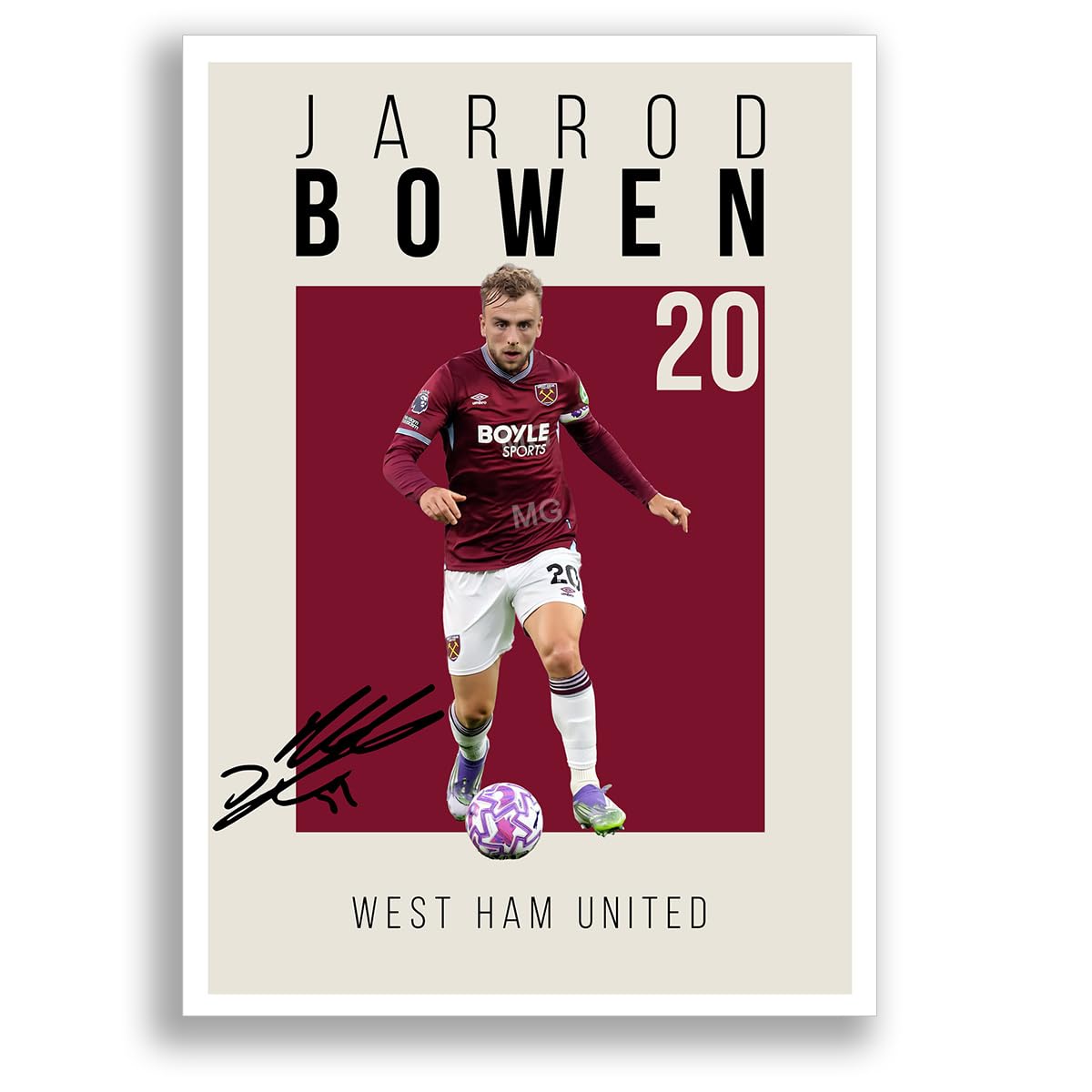 Jarrod Bowen West Ham Signed Photo Poster Print Picture Display Framed Autograph Memorabilia for Football Fans Gift England (A4 poster Only Cream)