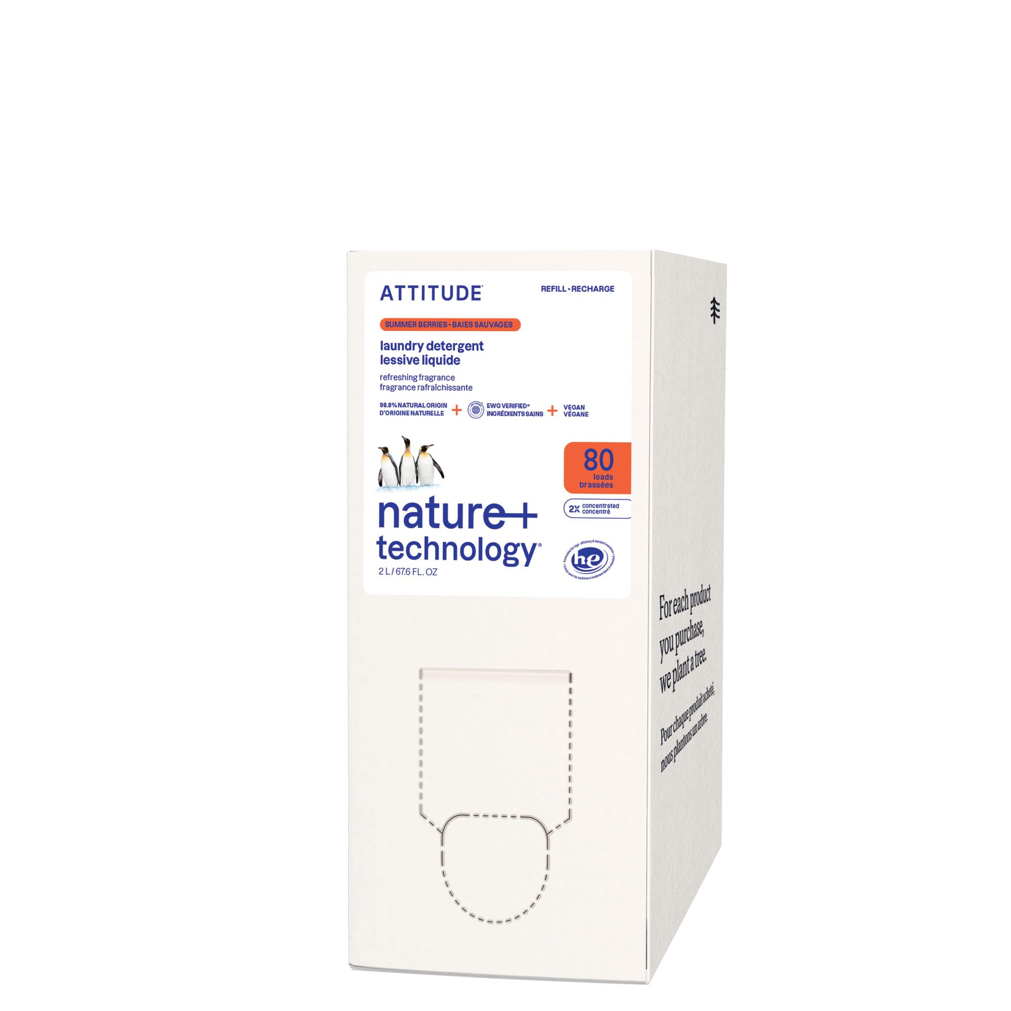 ATTITUDE Repuesto de detergente líquido para ropa, verificado por EWG, compatible con HE, a base de plantas y vegano, jabón natural para lavandería, aroma a bayas de verano, 80 cargas, 2 litros