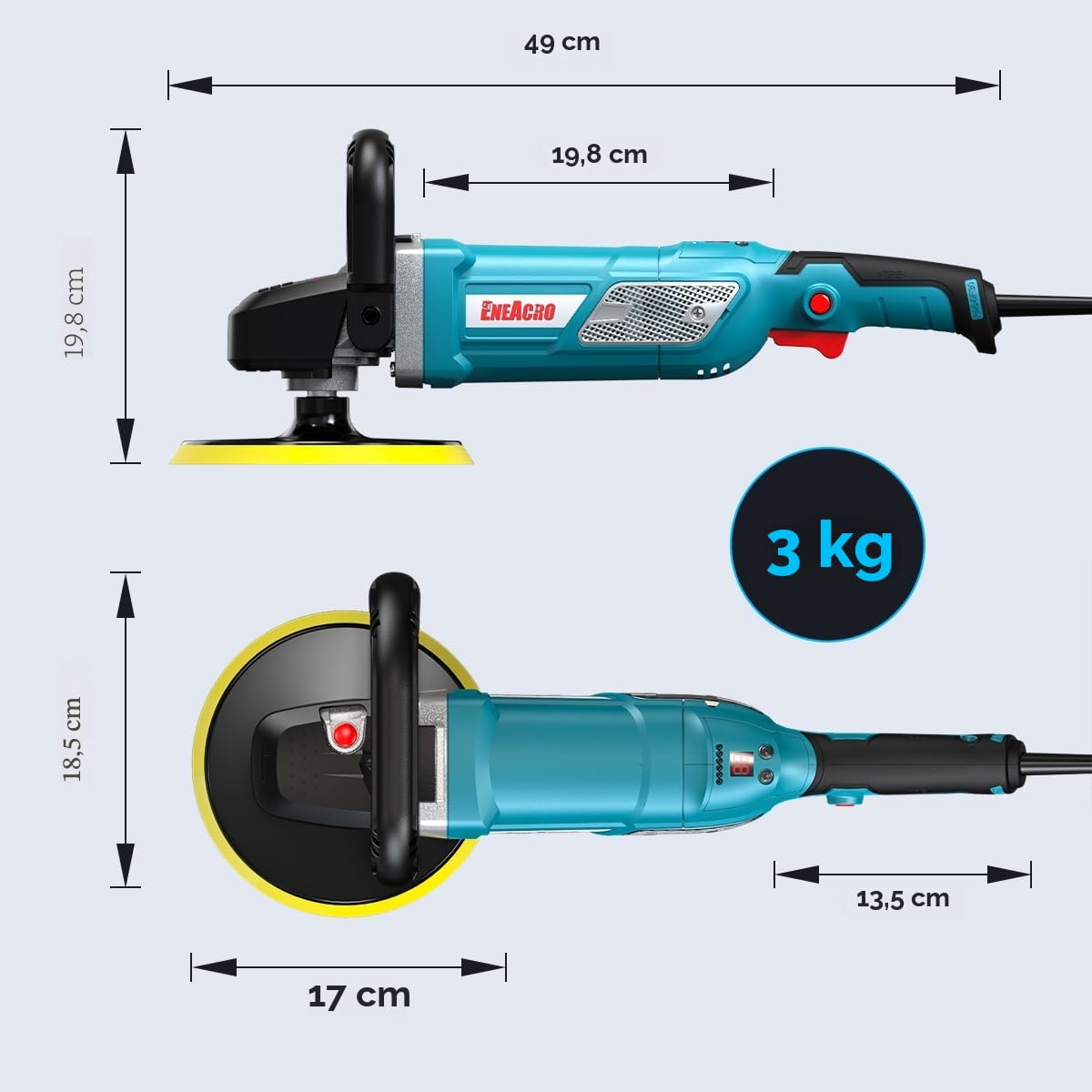 ENEACRO Pulidora Coche, 1800W Máquina Pulidora, Velocidad Variable con Pantalla LCD, Plato de Apoyo 150/180mm, Mangos Desmontables, Ideal para Lijar, Pulir y Encerar Barcos y Coches