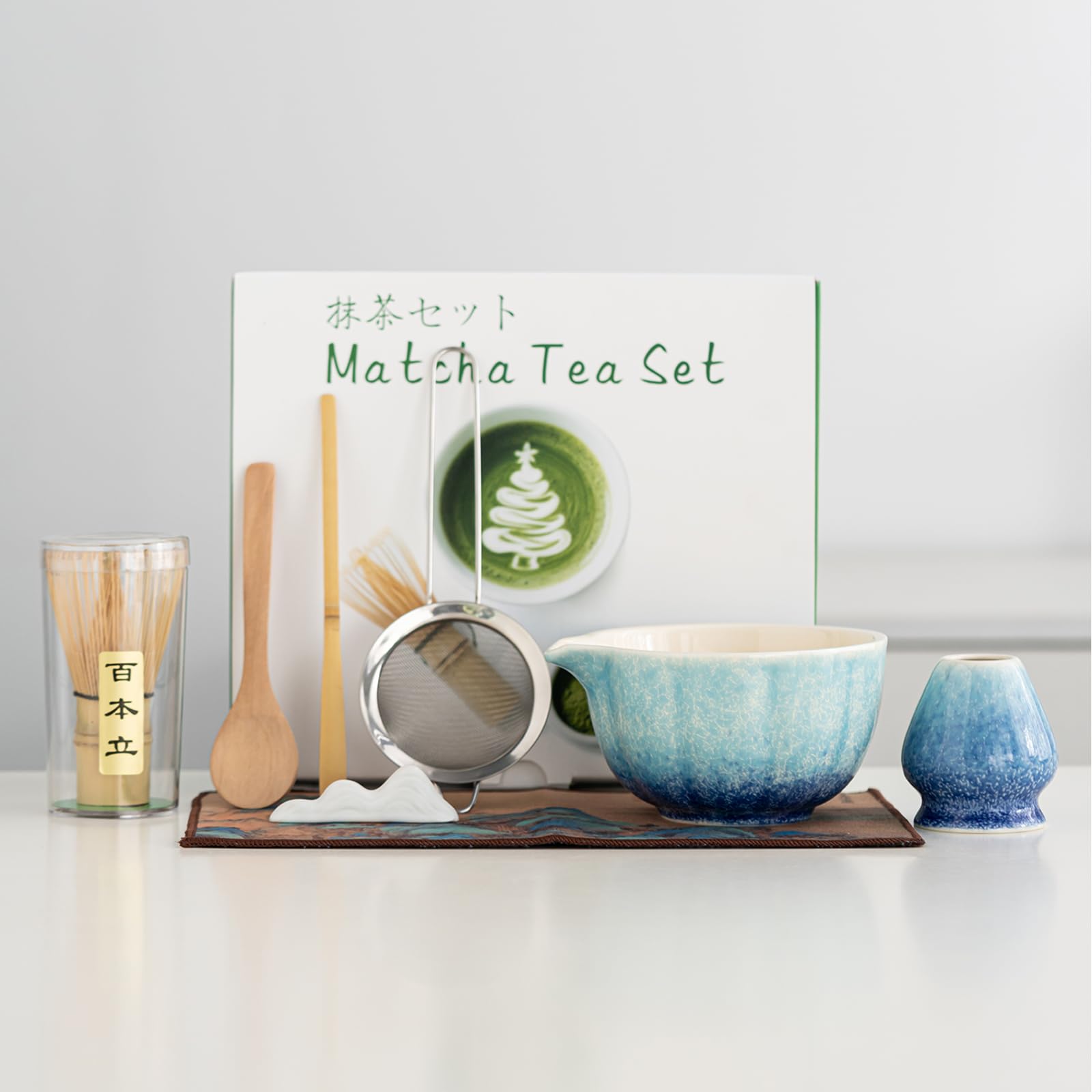 Matcha Set – Matcha Tee Zubehör – Matcha Schale – Matcha Besen – Matcha Schüssel mit Ausgießer Bambus Whisk – Japanisches Tee Set – 8-teiliges Matcha Tee Set für Liebhaber, Ozeanblau
