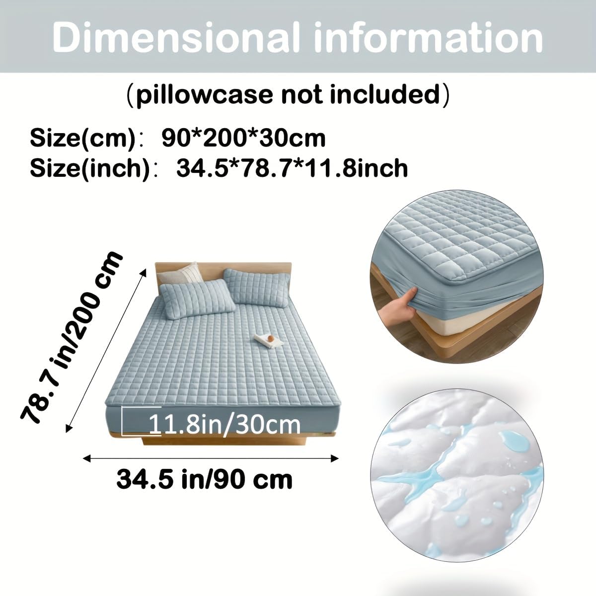 1pc Quilted Waterproof Mattrrotess Pector Soft Comfortable Solid Color Bedding Mattress Cover for Bedroom, Guest Room with Deep Pocket, Fitted Bed Sheet Only(Sea Blue,35.43 * 78.74 * 11.81 inch)