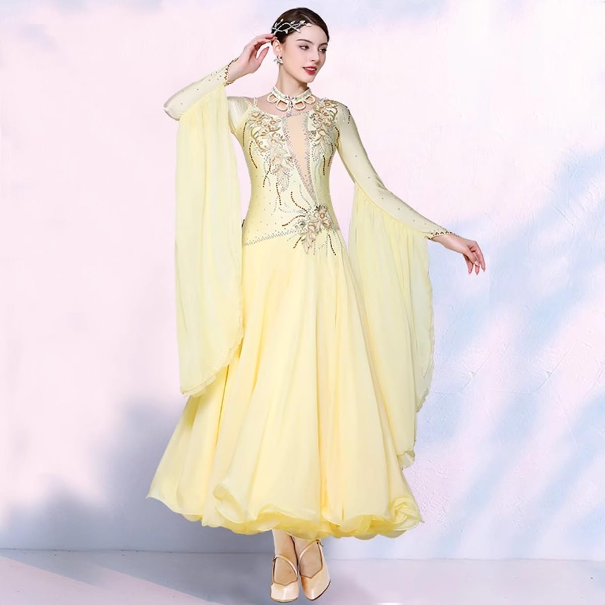 High End Custom Ballroom Dance Competition Dress Standard Dresses Modern Dance Costume(Yellow,L)