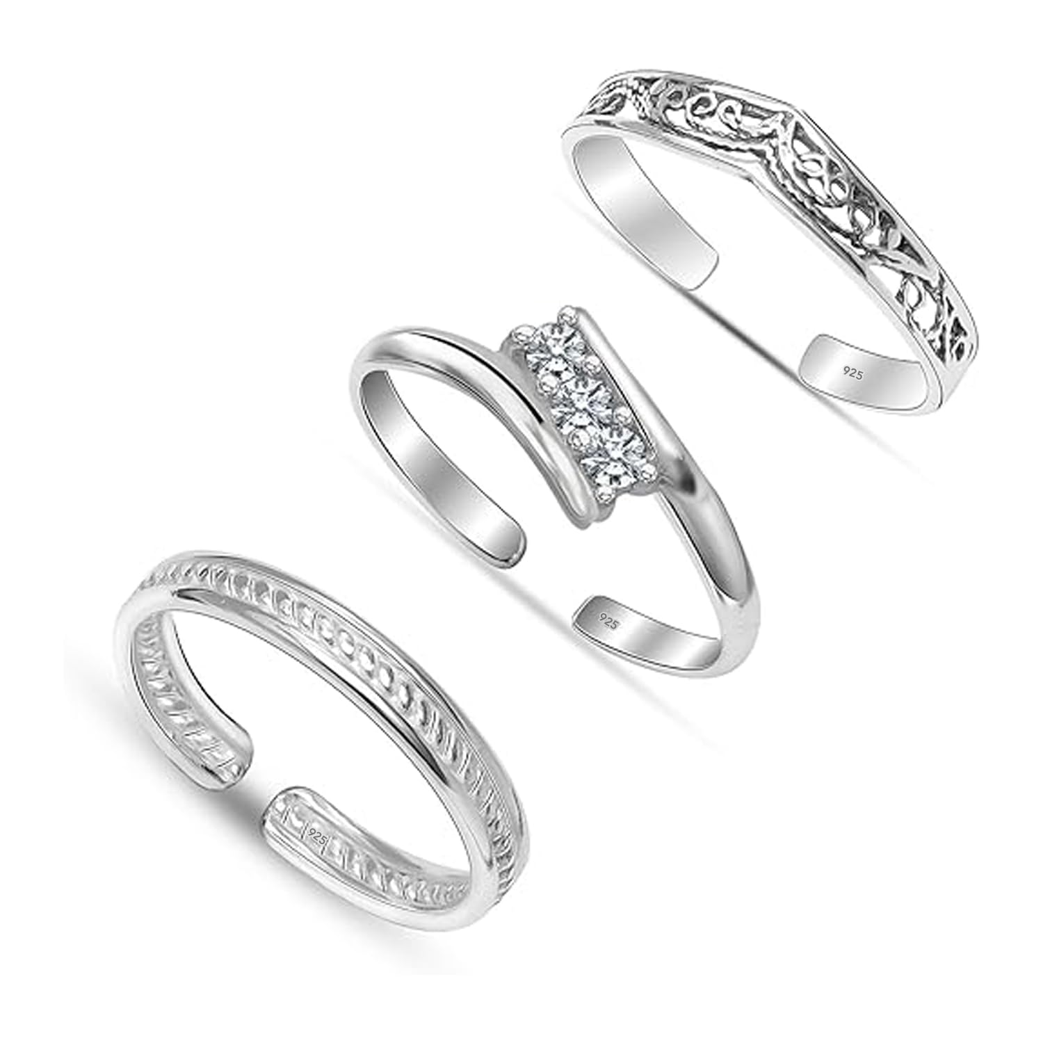 Charmsy - Set di 3 anelli da piede in argento Sterling 925 da donna, aperti e regolabili, ideali per la spiaggia