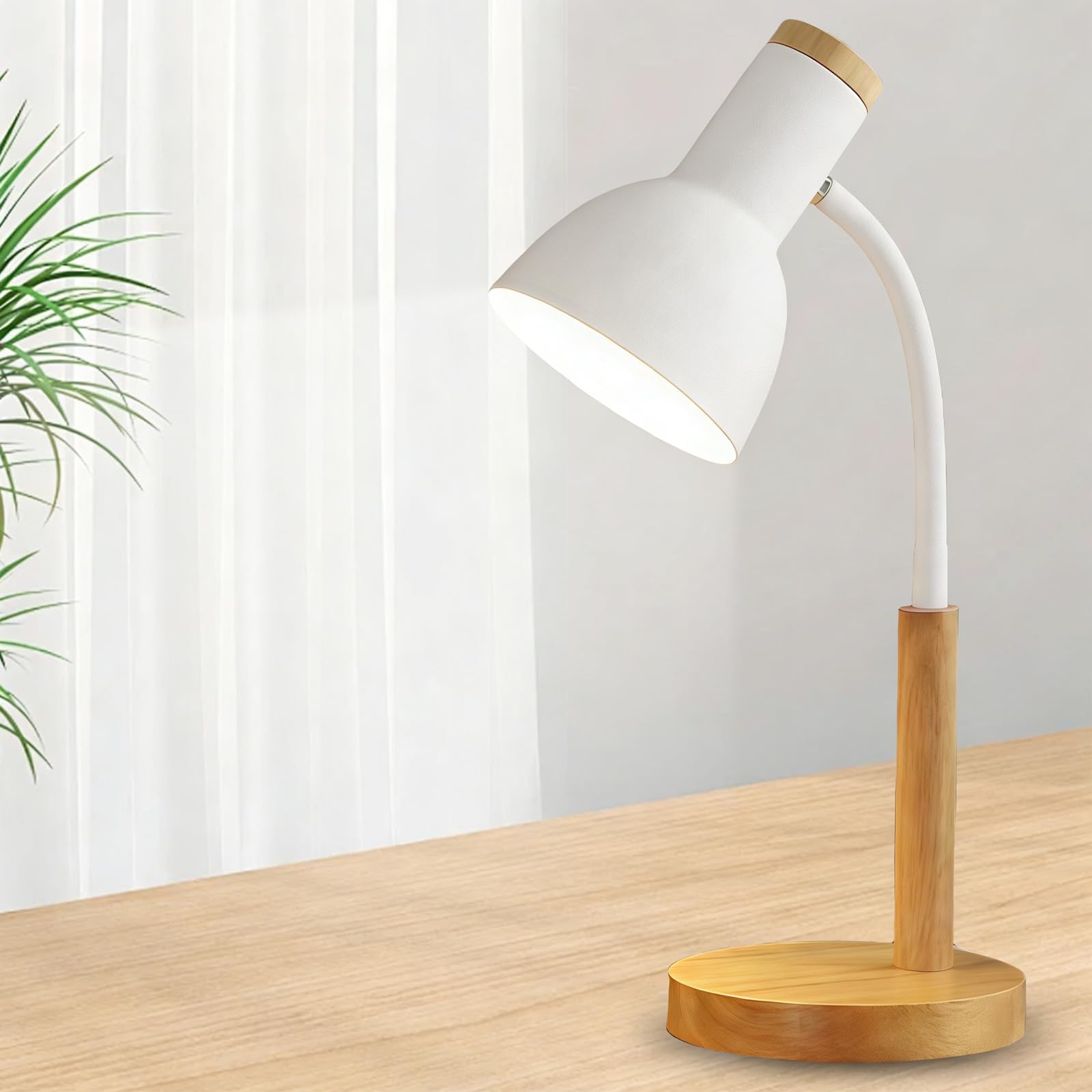 Leikurvo Lámpara de escritorio para niños, lámpara de mesa LED, lámpara de lectura E27, brazo ajustable, metal y madera, lámpara de noche de estilo nórdico para dormitorio, salón, estudio (blanco)