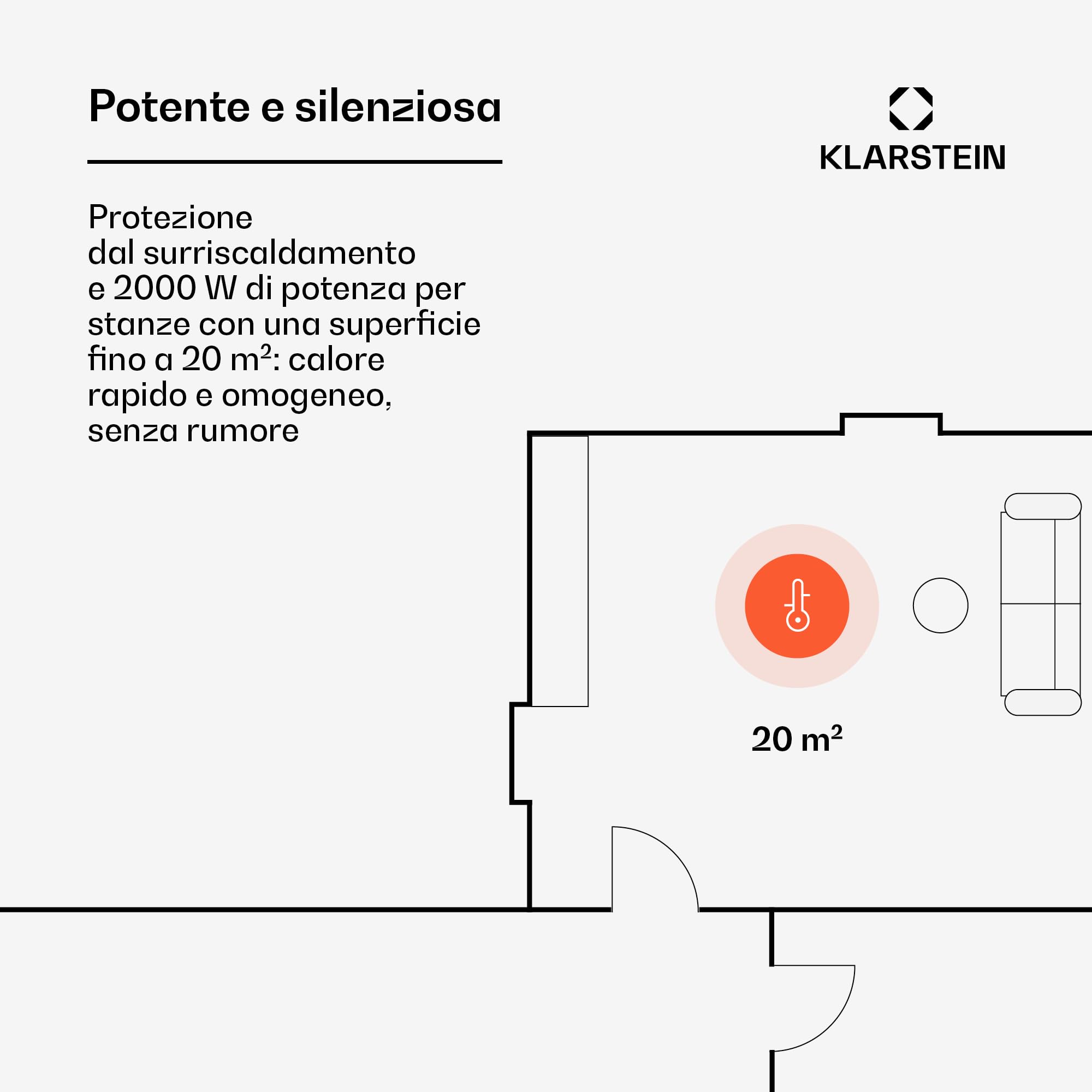 Klarstein Stufa Elettrica Basso Consumo, 2000W, Termoconvettore con Rotelle, Termosifone Portatile, a Parete con Termostato, Stufetta per Casa