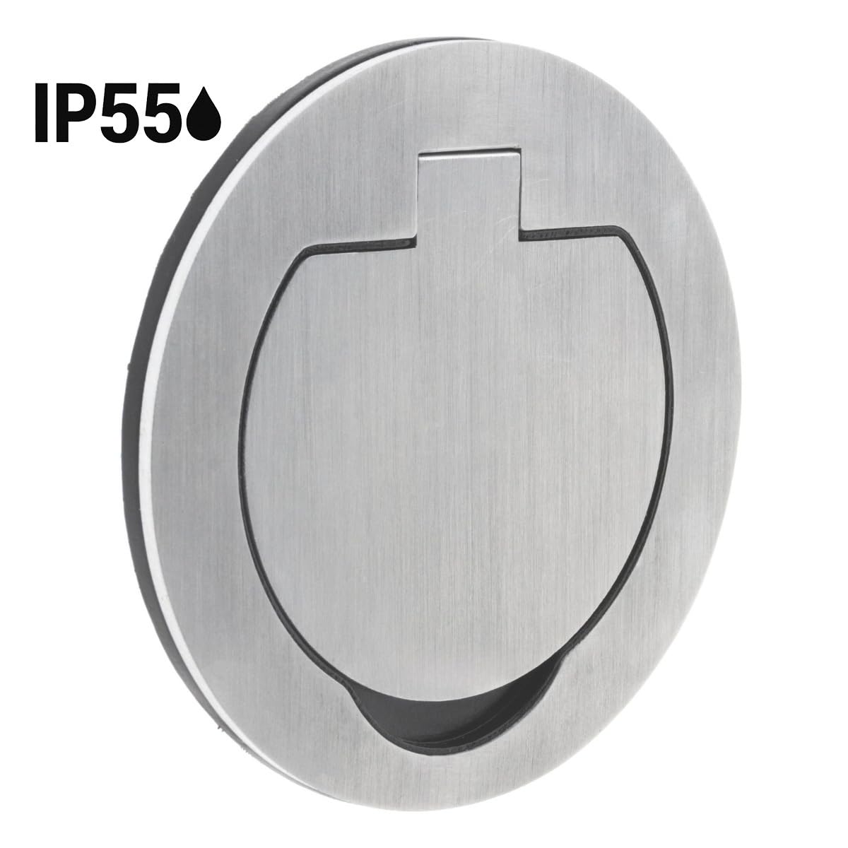 Protec - Prise de Sol Étanche Ronde Simple 16A 2P+T IP55 - Métal Brossé Gris - Couvercle à Charnière Renforcée et Bornes Automatiques - Dimensions Compactes - 1 Poste