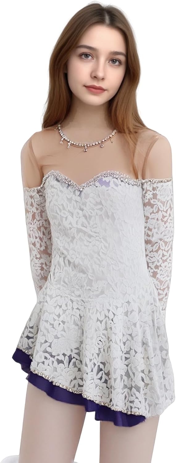 LIUHUO Figure Skating Dress White Lace Finger Sleeve Girl Competition Performance